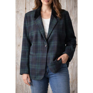 VTG Green Sag Harbor Plaid Wool Blazer Womens 20 Black Watch Velvet Collar Boxy